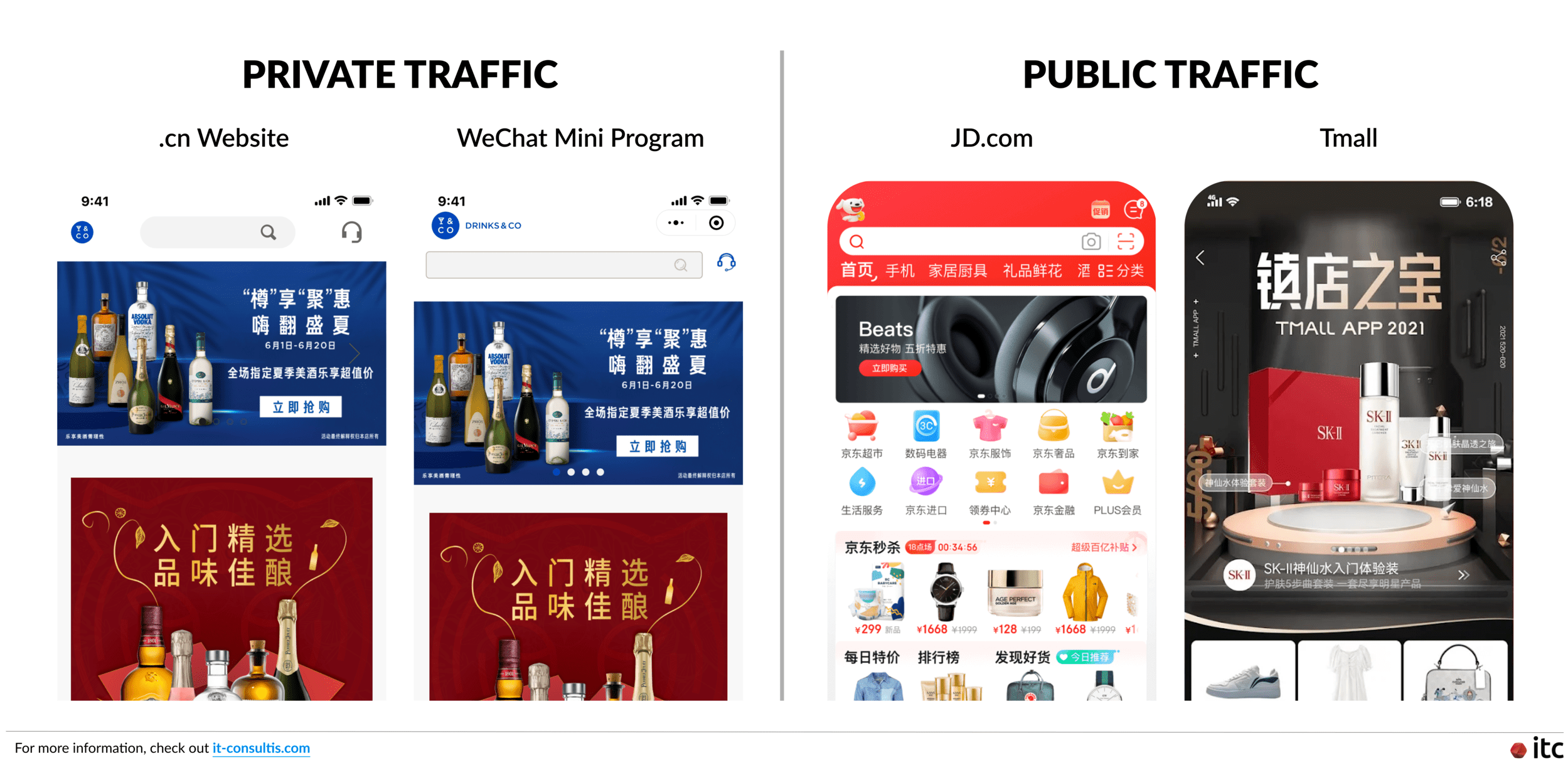 Public Traffic vs Private Traffic in China: public traffic channels include marketplaces like JD.com and Tmall, while private traffic domains include brand-owned platforms like .cn website and WeChat Mini Program