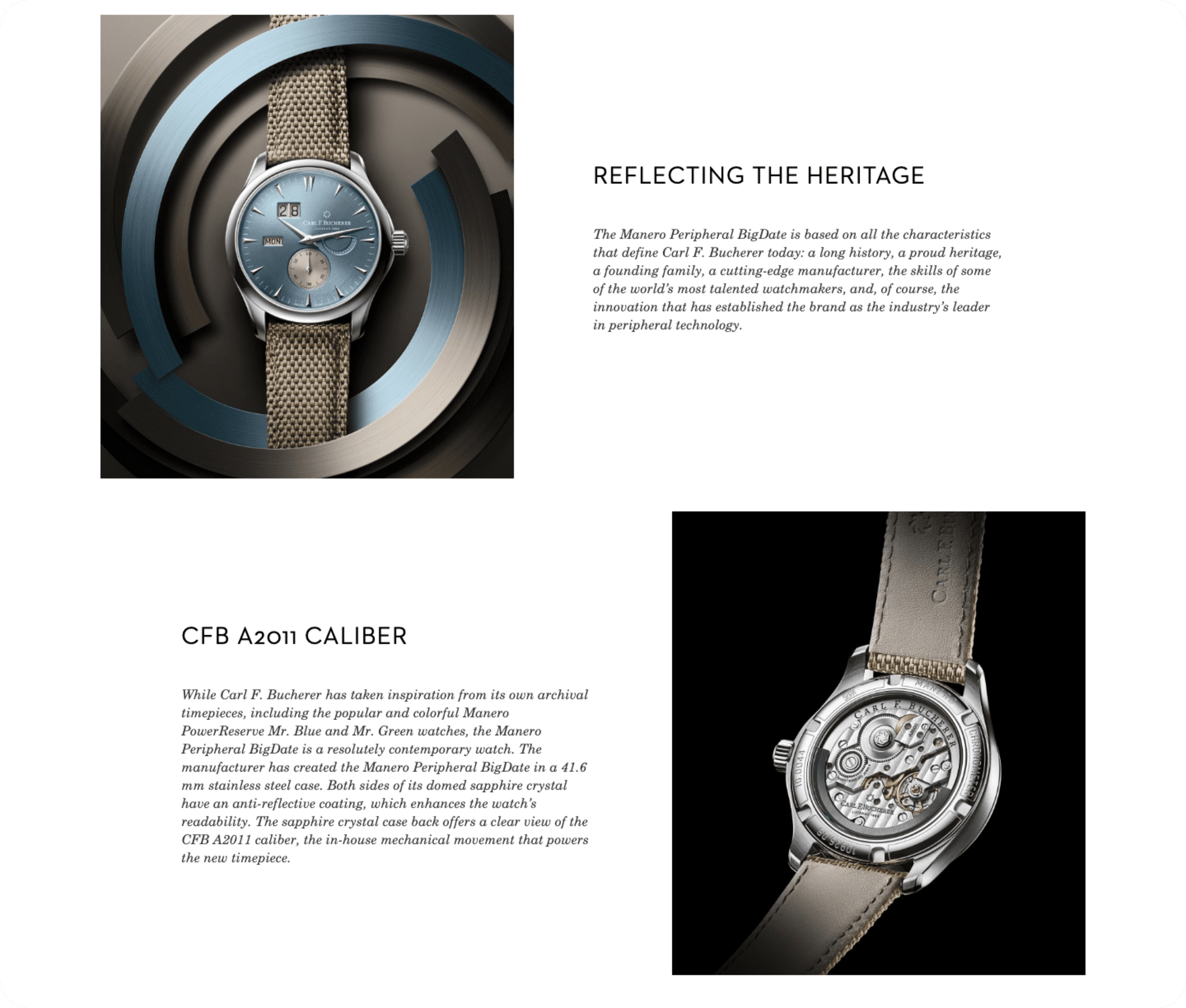 Detailed descriptions of a Carl F. Bucherer product, including its functions, how it's made, and its history