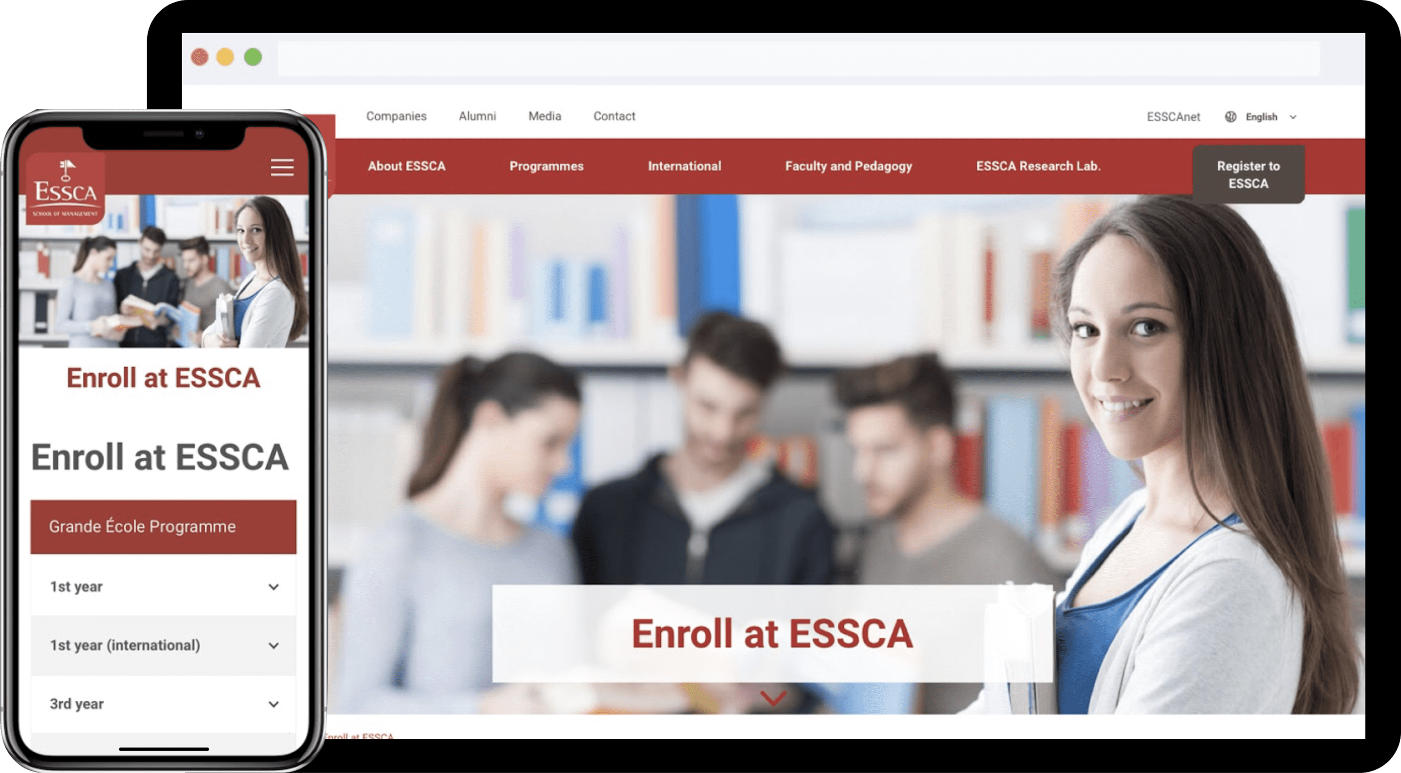 Desktop and mobile mockups of the redesigned ESSCA website that kept the initial color scheme - red and light brown