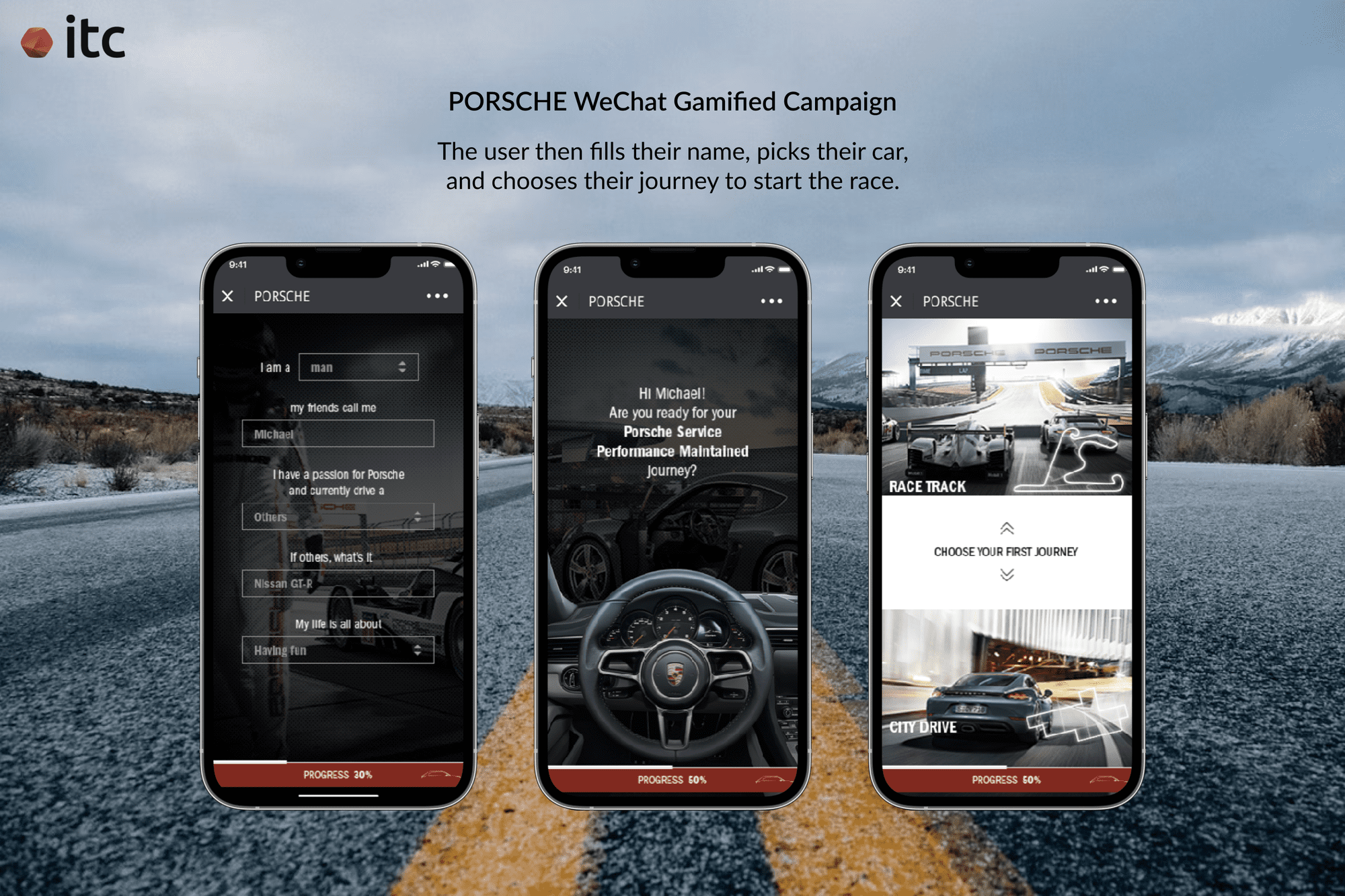 The player can pick their Porsche car and choose their racing journey in the Porsche WeChat game