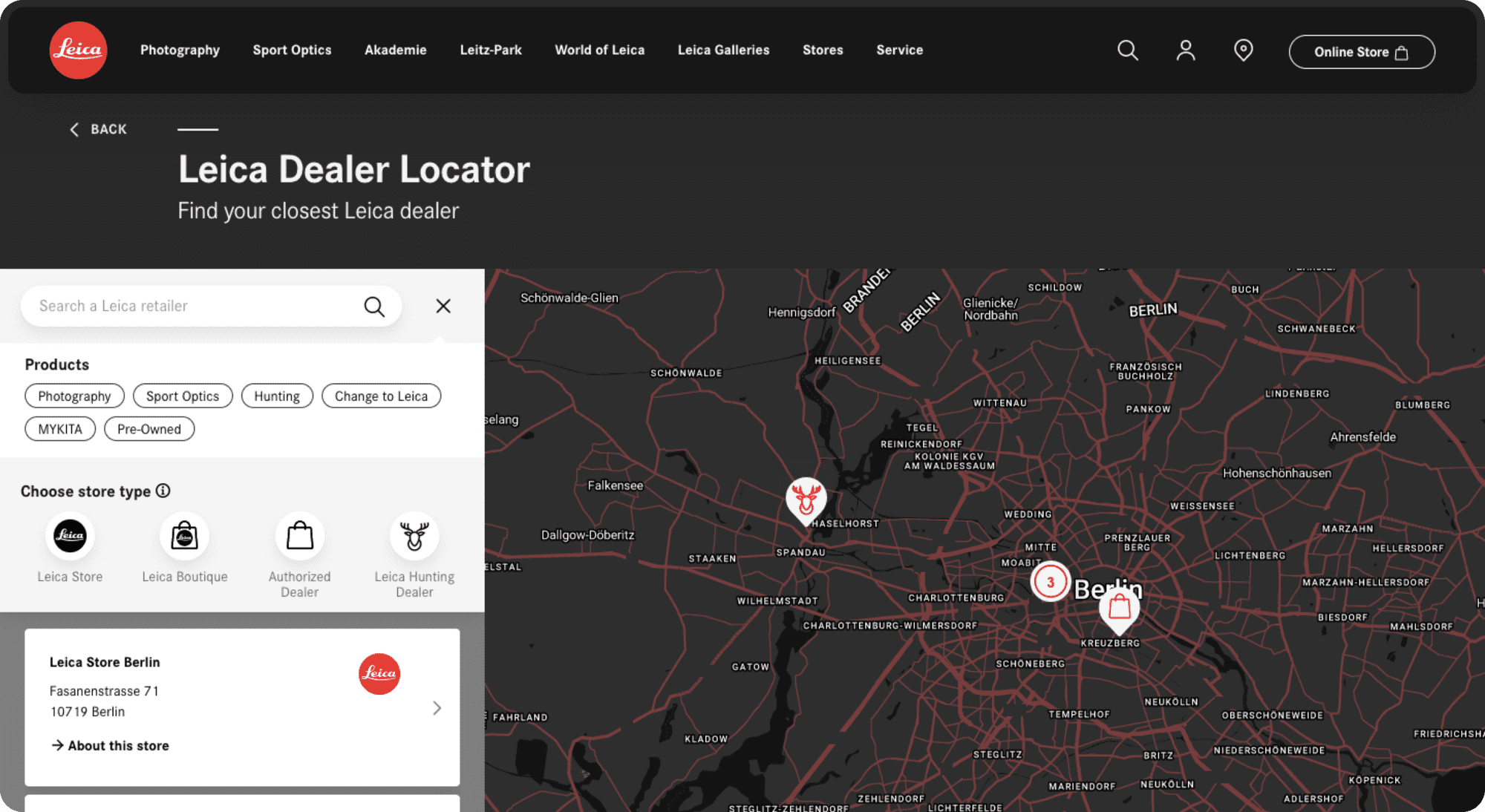 Leica English website has an interactive map on its Dealer Locator page