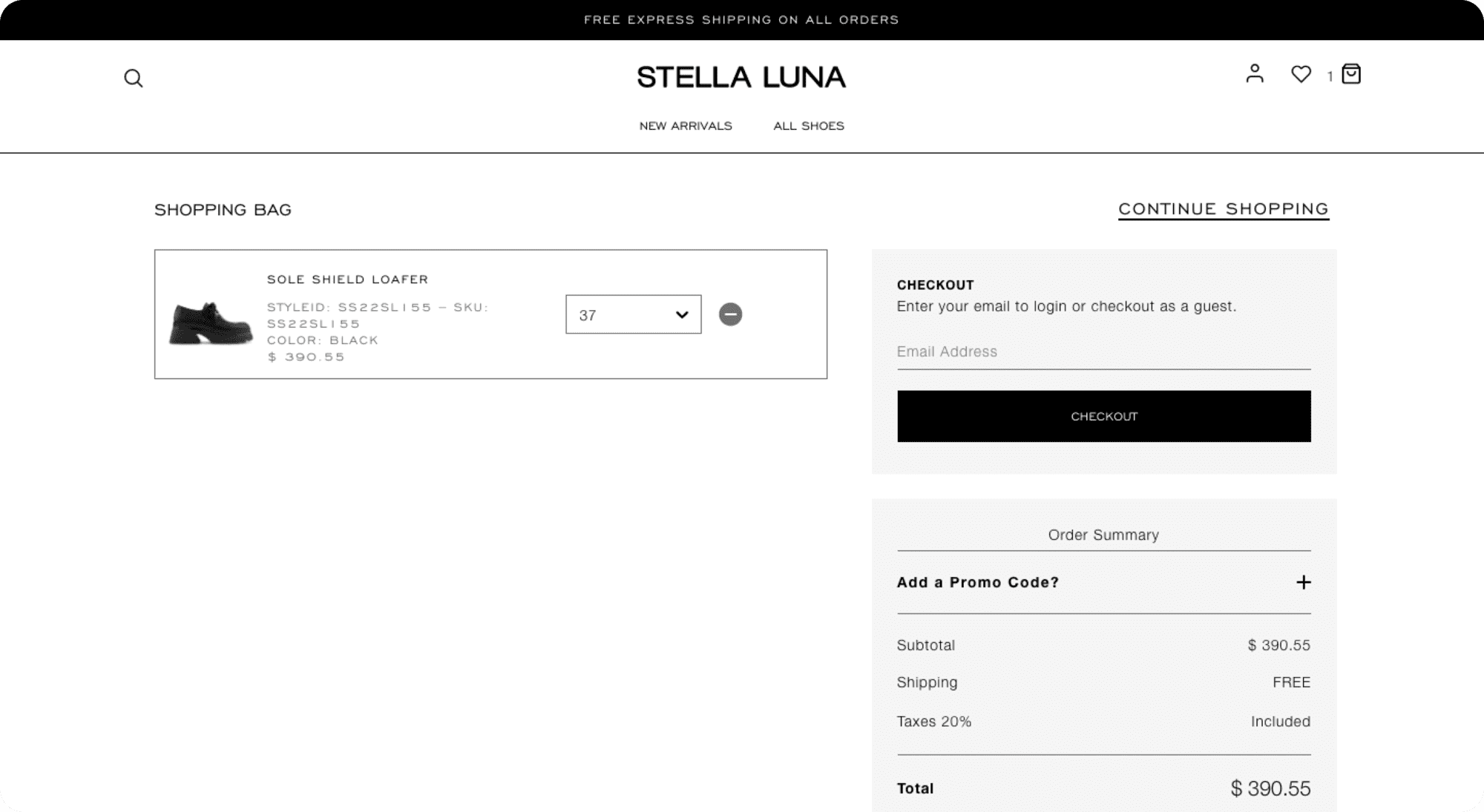 Stell Luna eCommerce website Shopping Bag