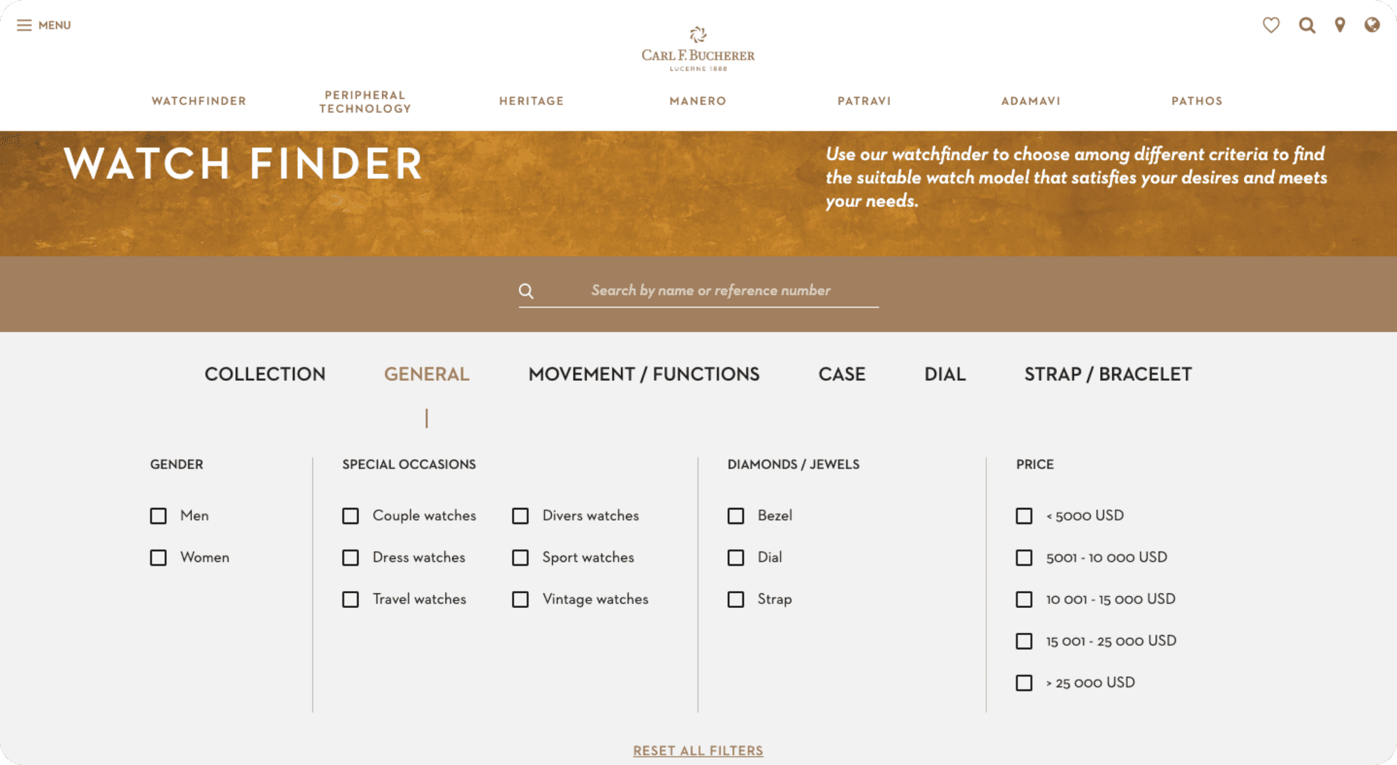 ITC's past client Carl F. Bucherer's website has an excellent search function that helps customers easily navigate and find what they want