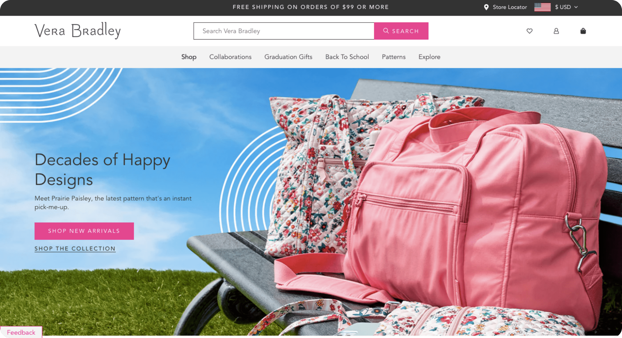 The homepage of Vera Bradley website, which was built by Shopify