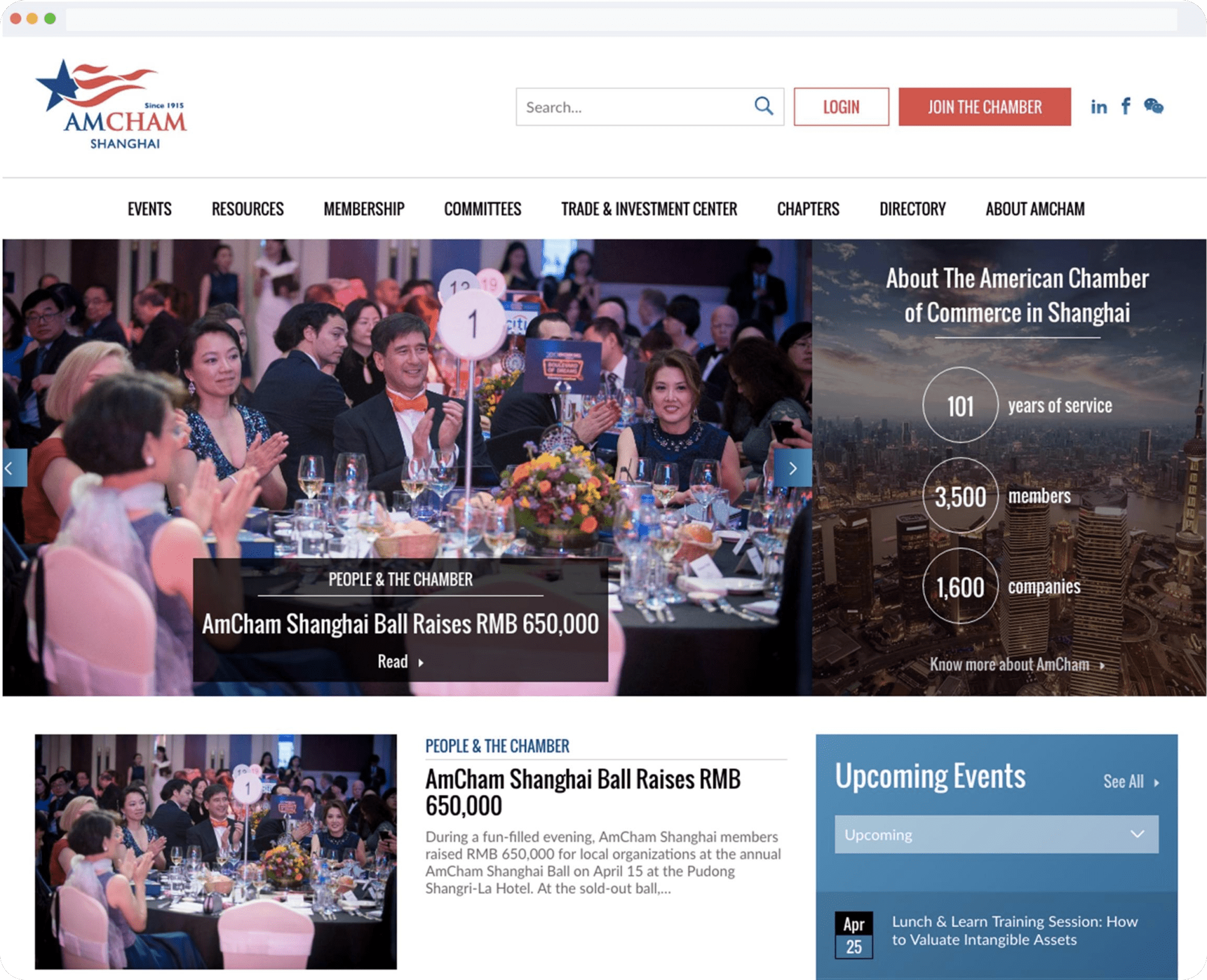 The homepage of the AmCham Shanghai website that IT Consultis developed
