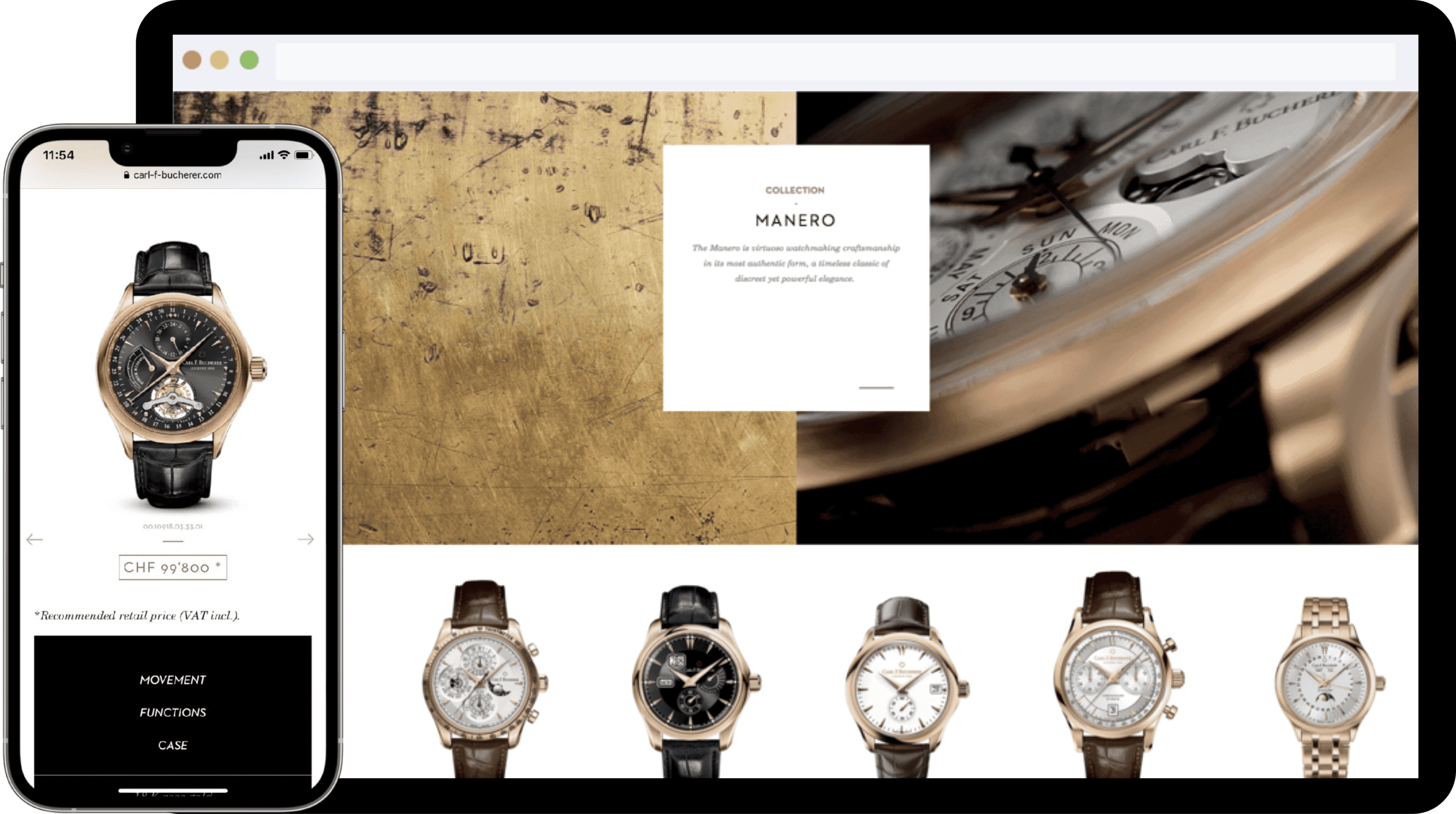 Desktop and mobile mockups of the Carl F. Bucherer website showcasing how the 2 main colors - black and brown yellow - are used to reflect the sense of luxury