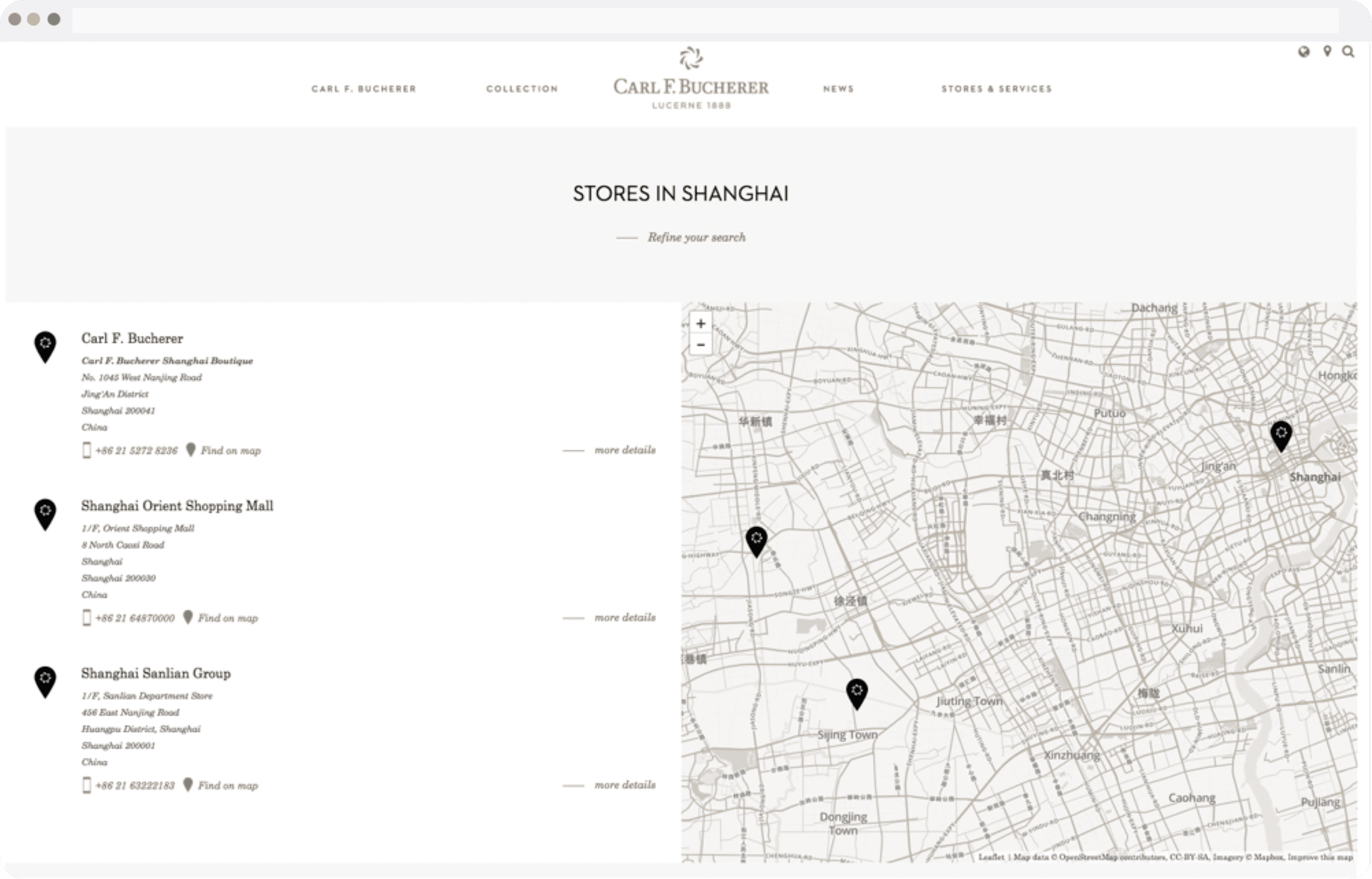 List of stores and interactive map for Carl F. Bucherer shops in Shanghai, China