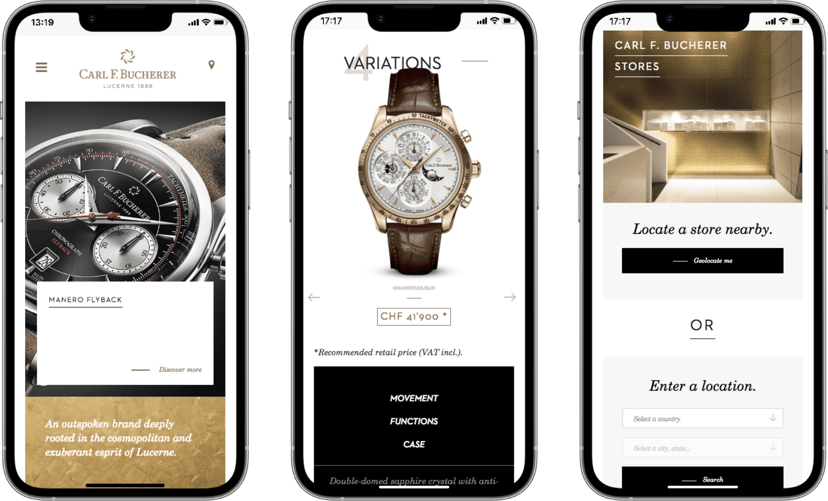 3 mobile mockups of the Carl F. Bucherer website