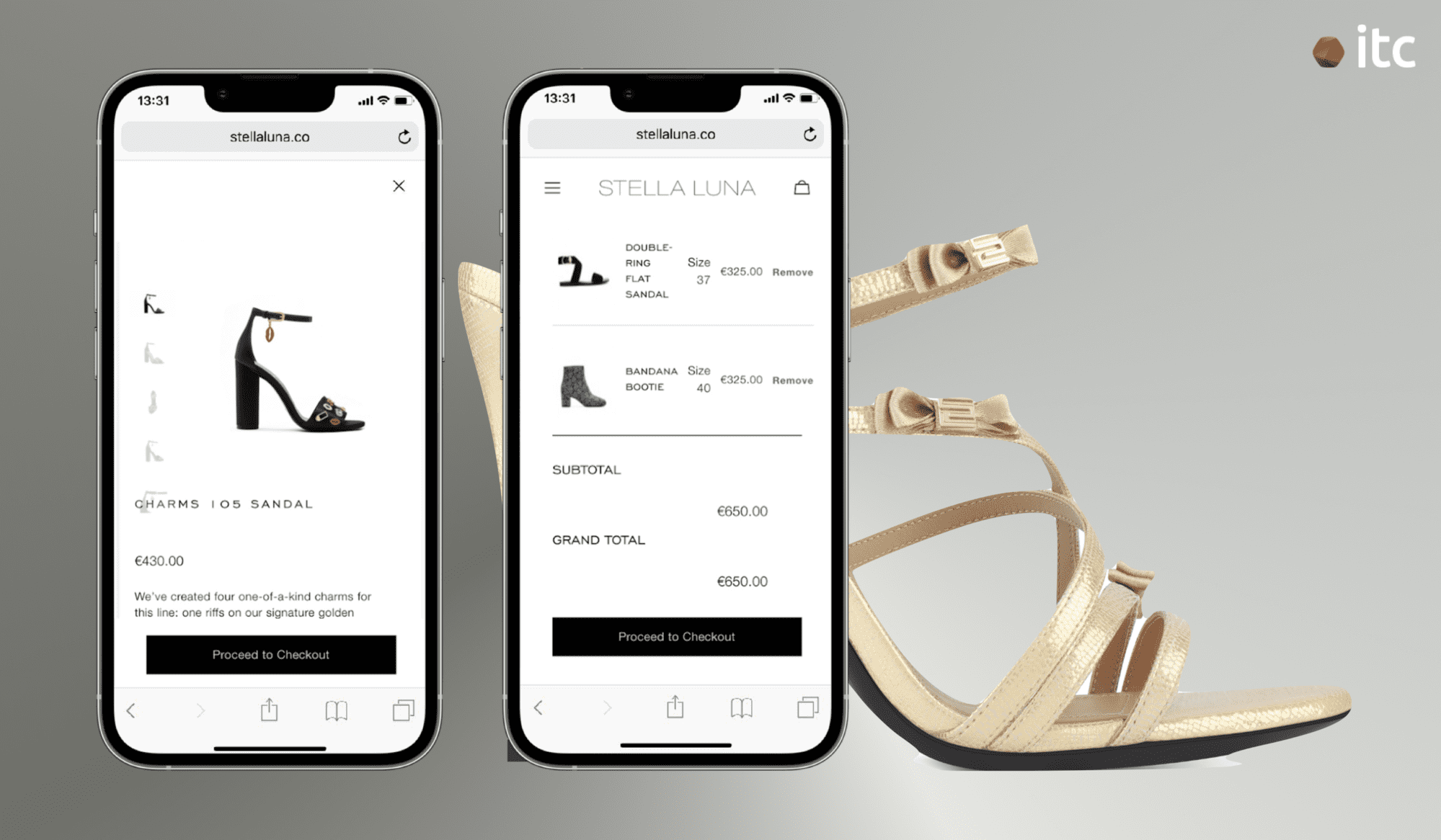 The Product Details page and Cart page as seen on the phone mockups