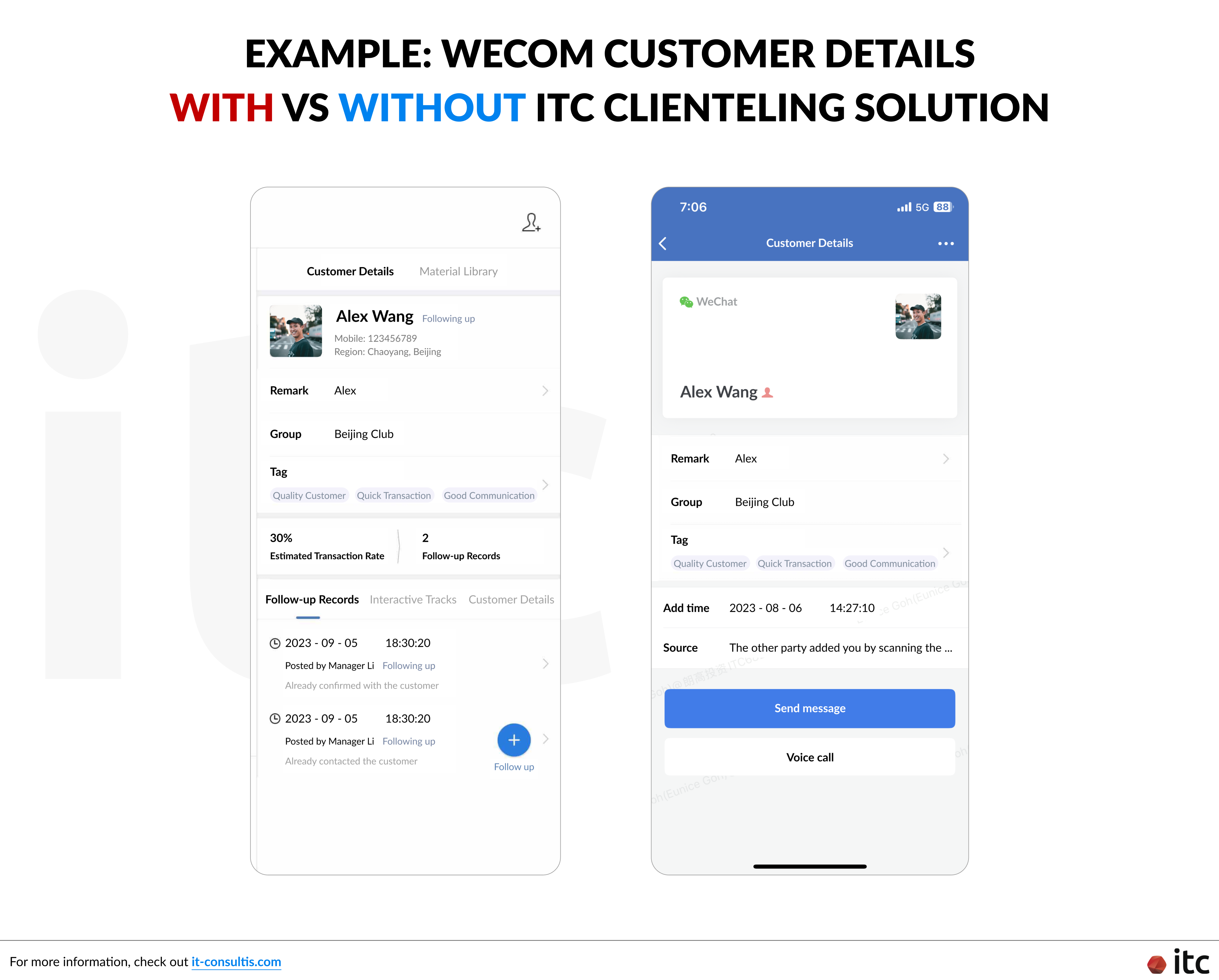 Example of Customer Details view on WeCom (WeChat Work) with vs without ITC Clienteling Solution