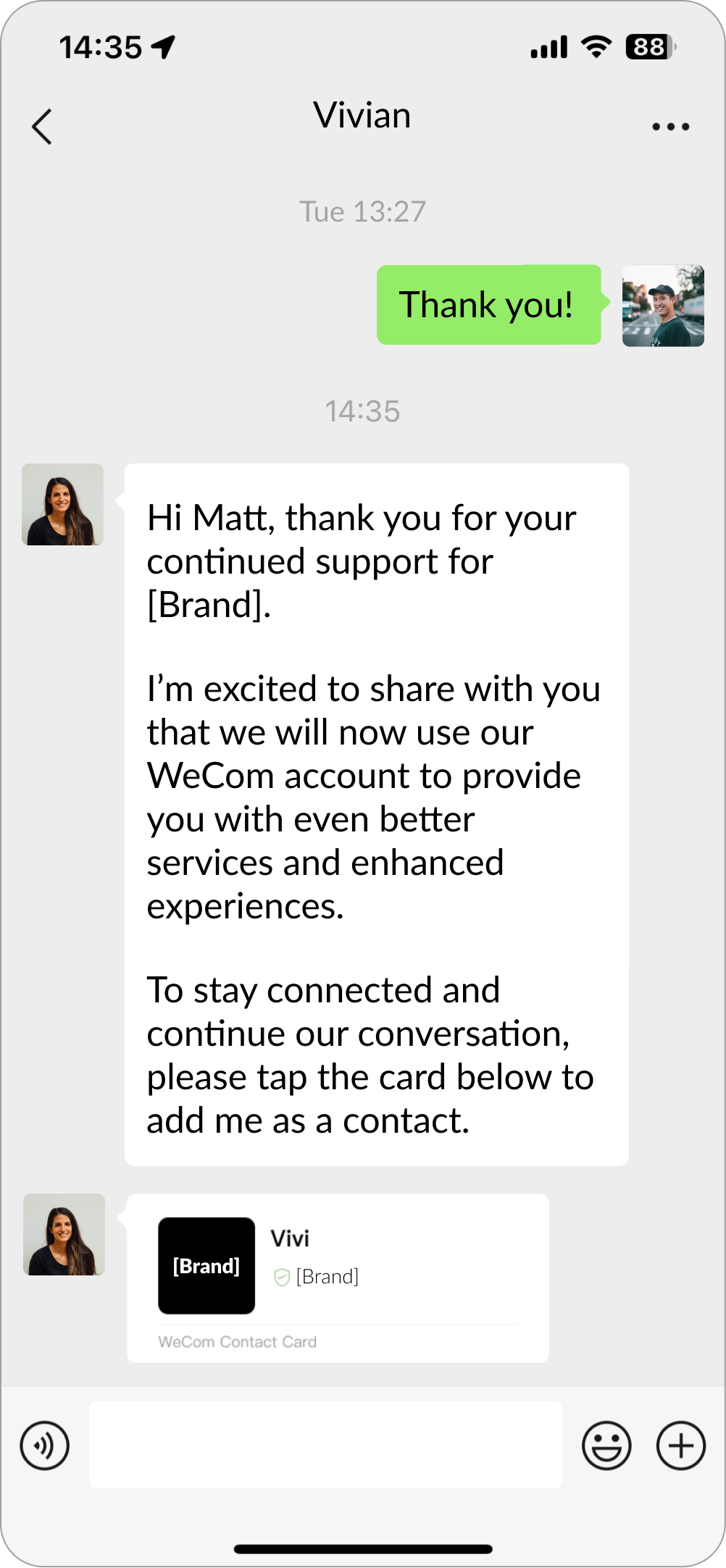 Staff can share WeCom business cards, similar to WeChat business cards, to their WeChat contacts to have them add their WeCom accounts as friends