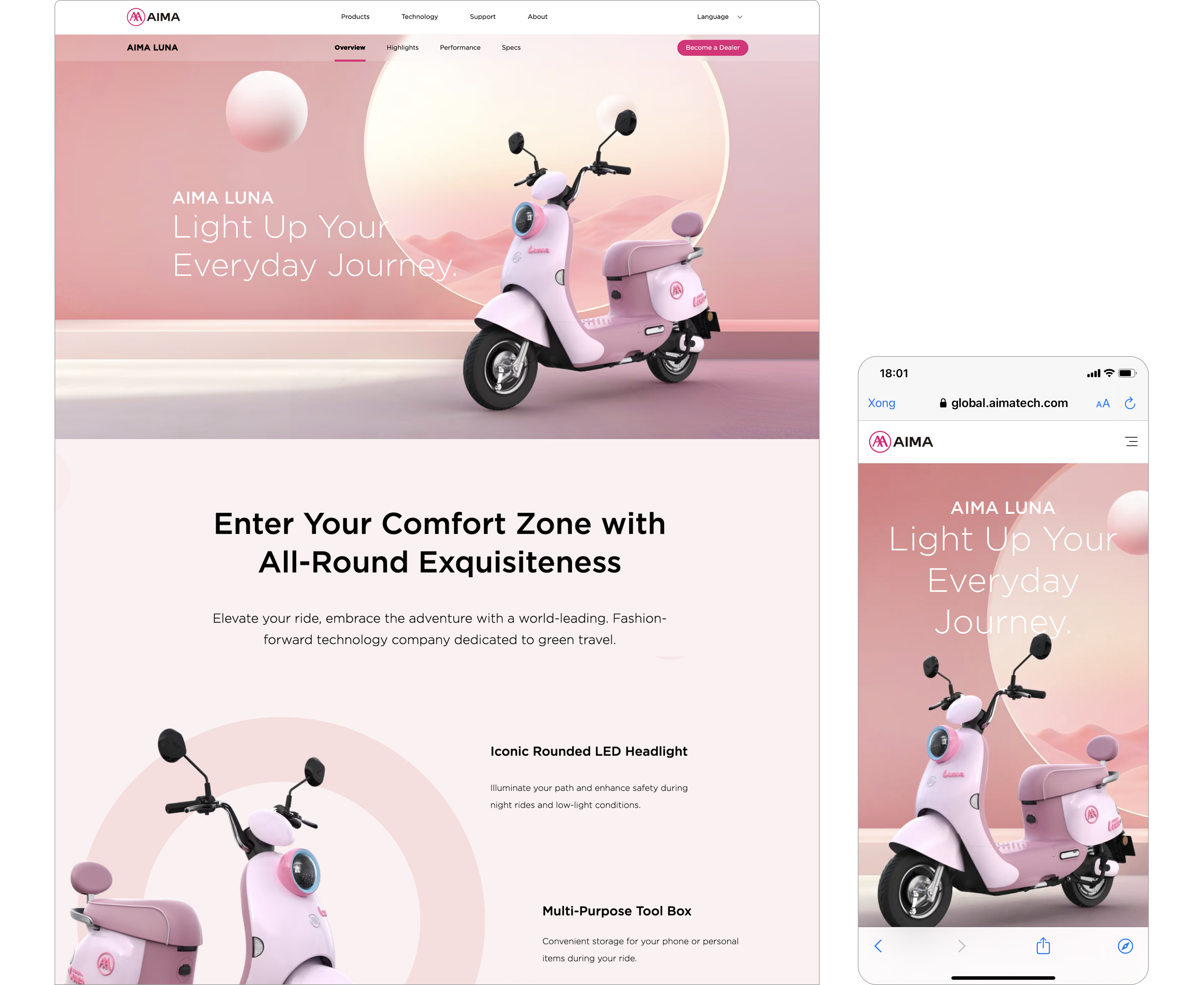 A modern, sleek website design reflecting AIMA's brand with fashion-inspired elements, showcasing technology and ambition.