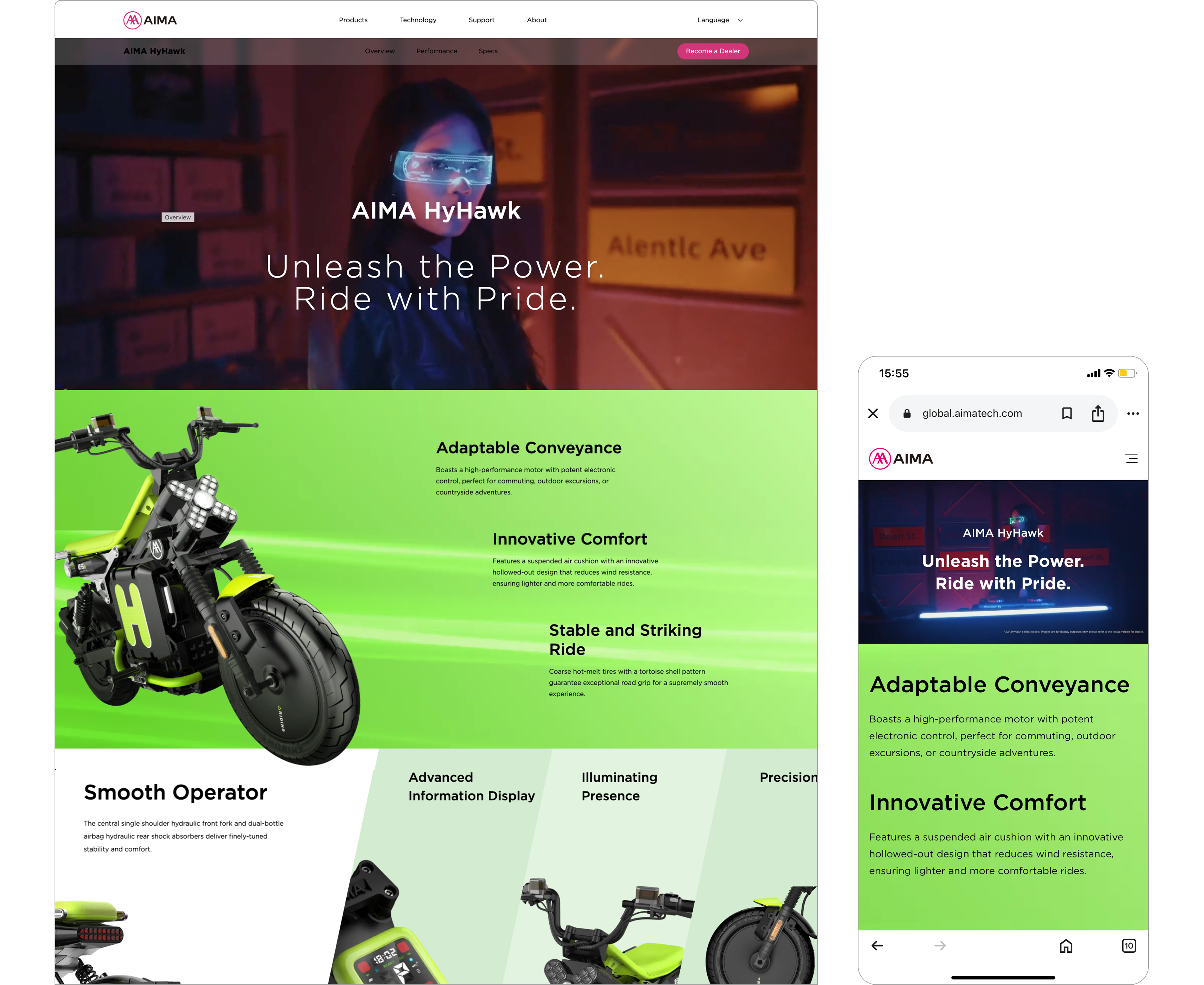 AIMA's product page highlighting product information, technical performance, and lifestyle appeal