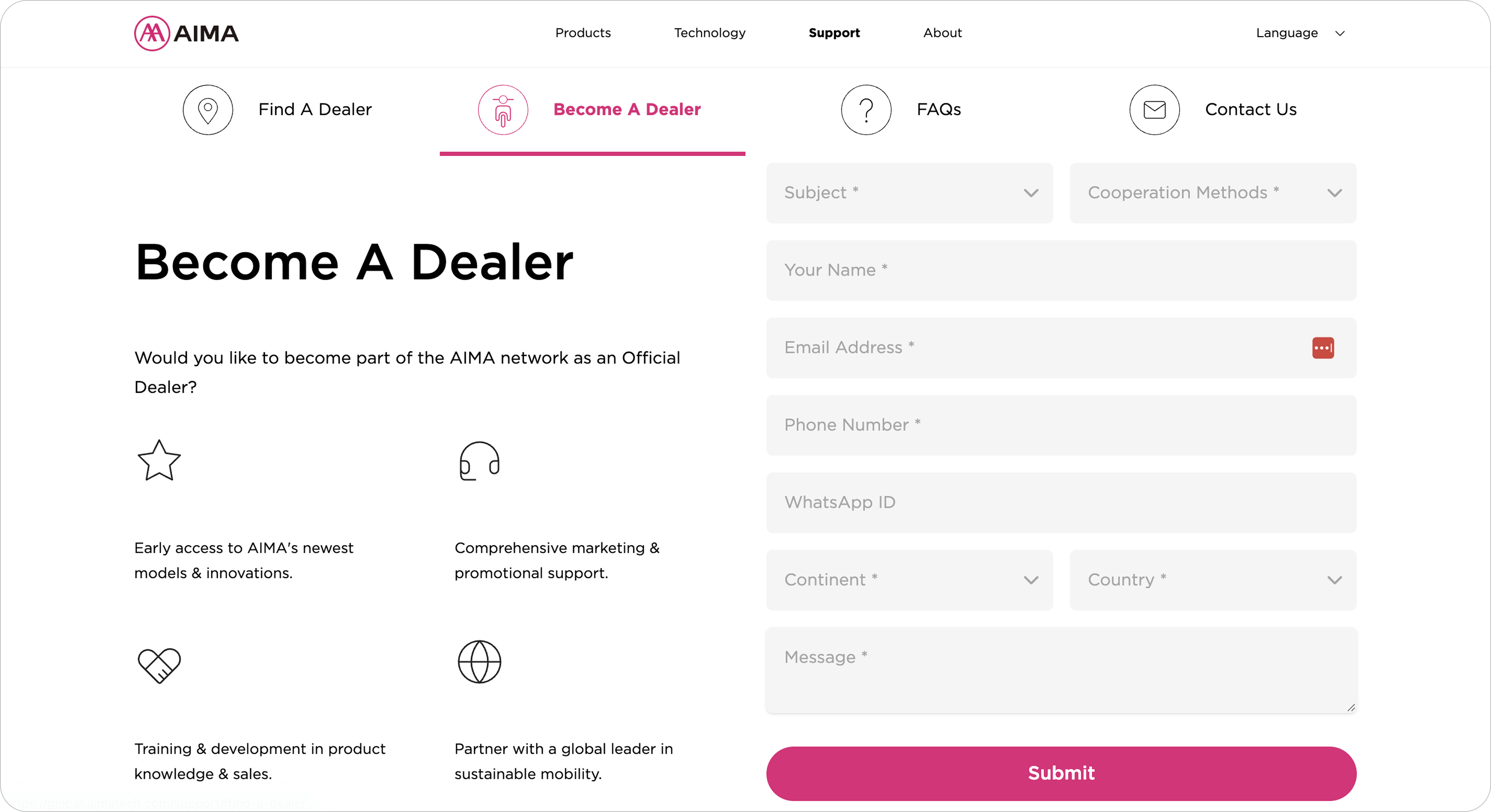 The ”Become a Dealer” form, designed to attract and onboard potential partners