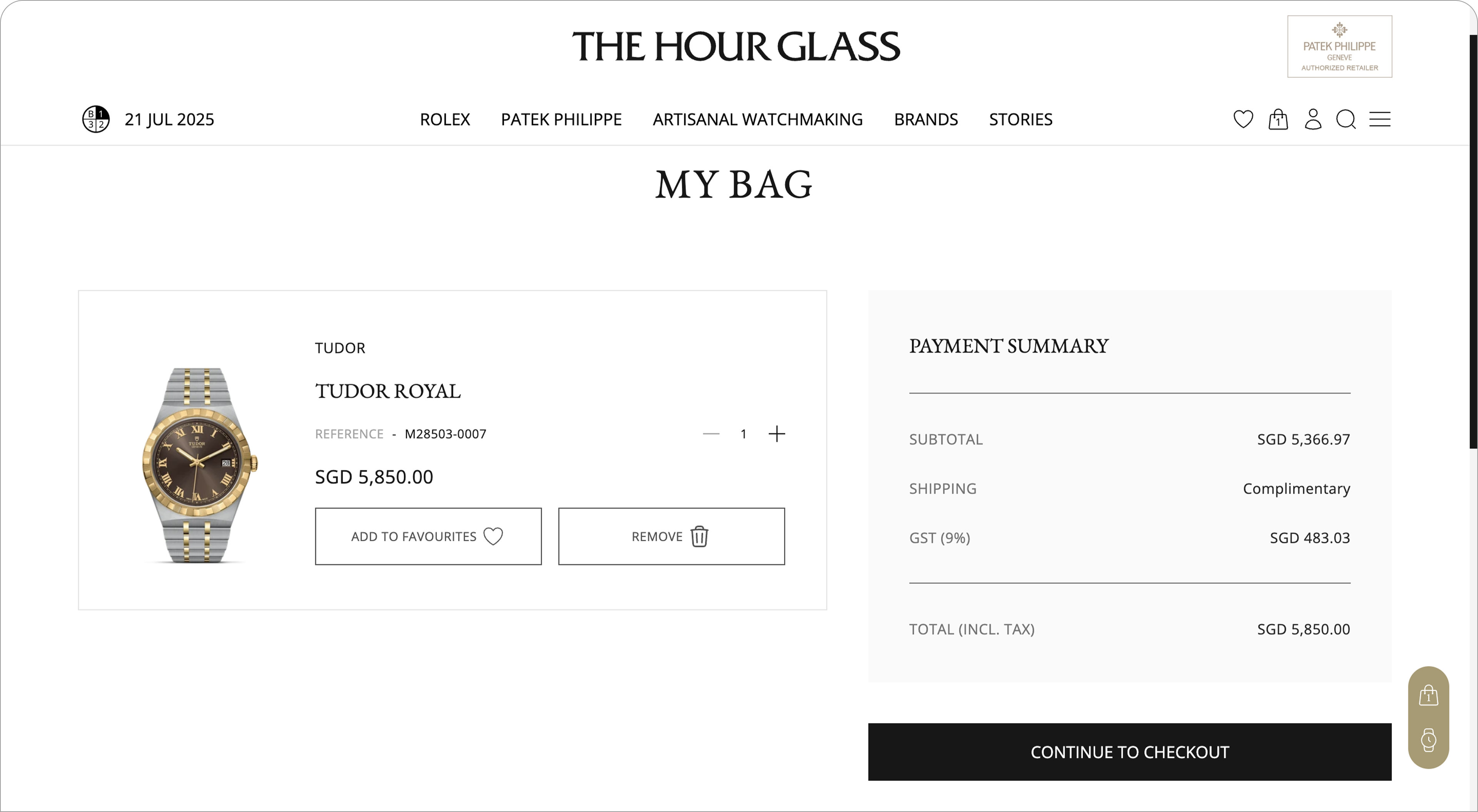The checkout page of The Hour Glass website presents a seamless overview of selected items and the total price