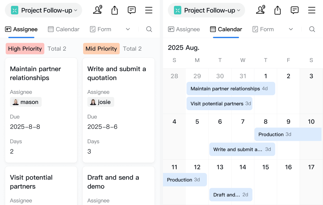 Example of Kanban and calendar views in WeCom Smartsheet for ease of project management
