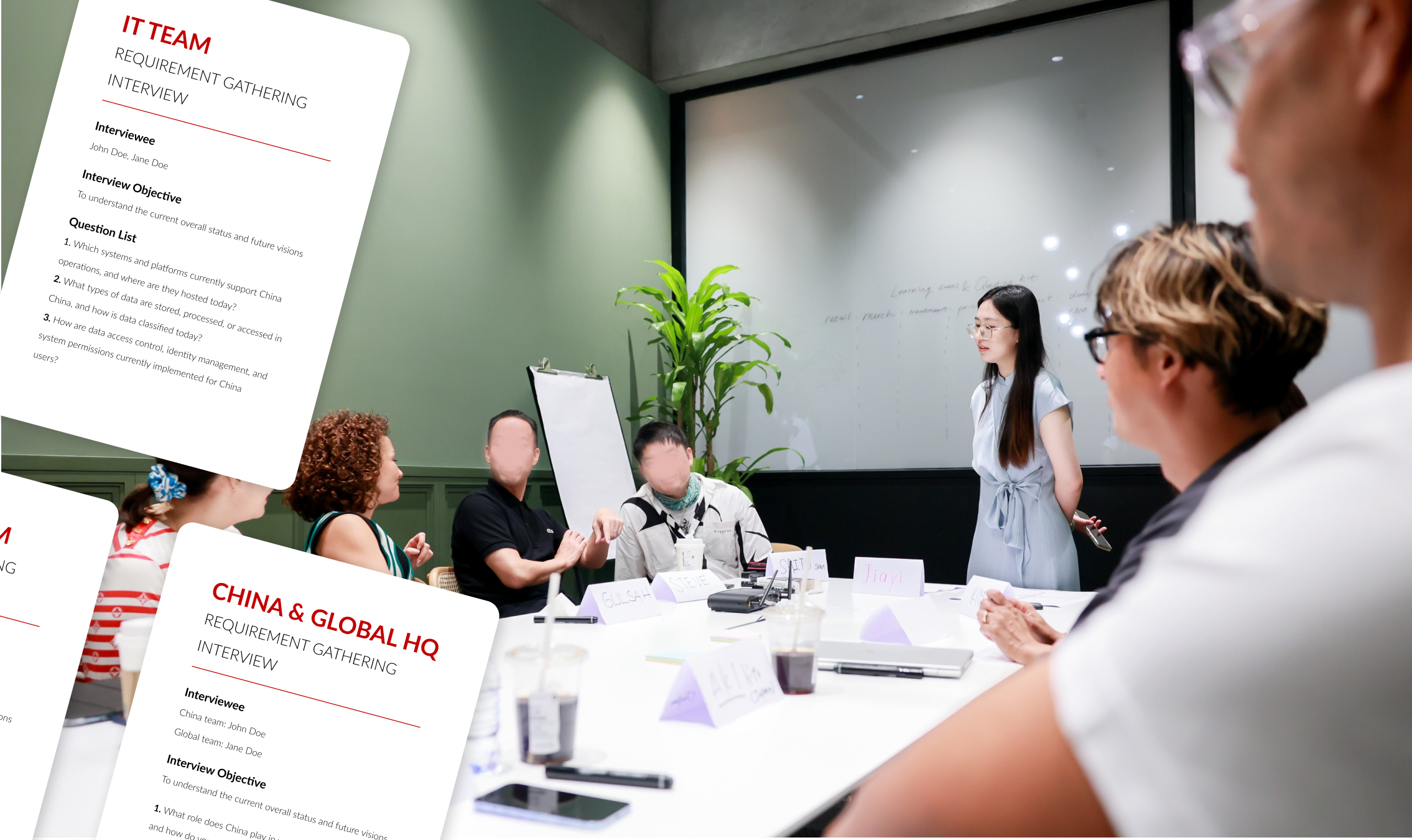 ITC aligns global HQ, China teams, and key stakeholders through interviews and document reviews to clarify regulatory risks, data scope, and China market objectives.