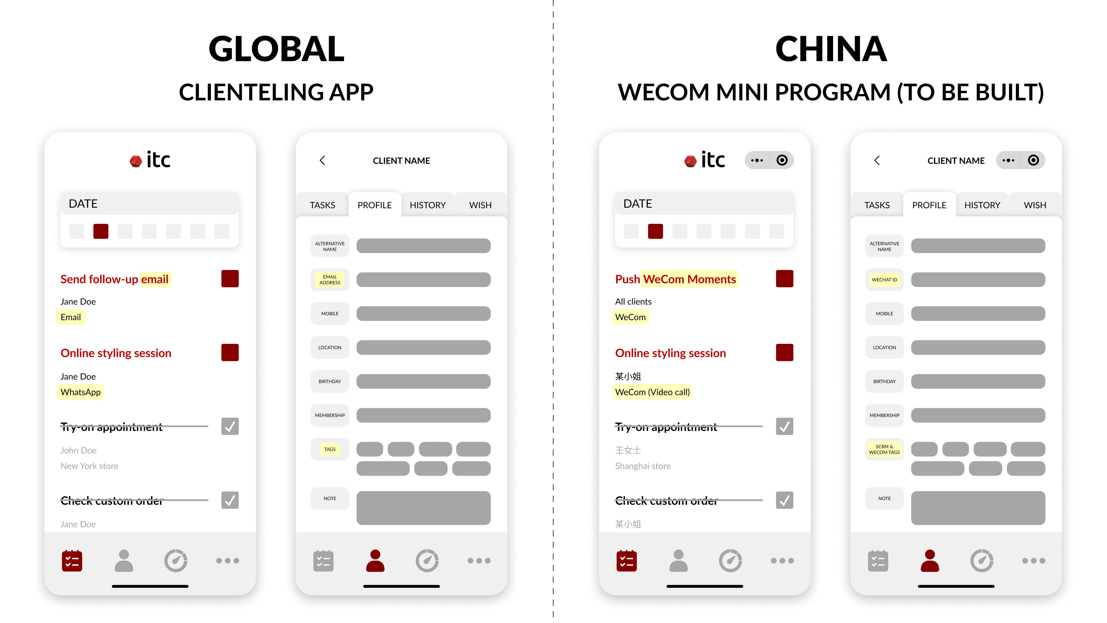 How a global clienteling app can be fully localized for the Chinese market through a WeCom Mini Program, adapting task management and client profile access
