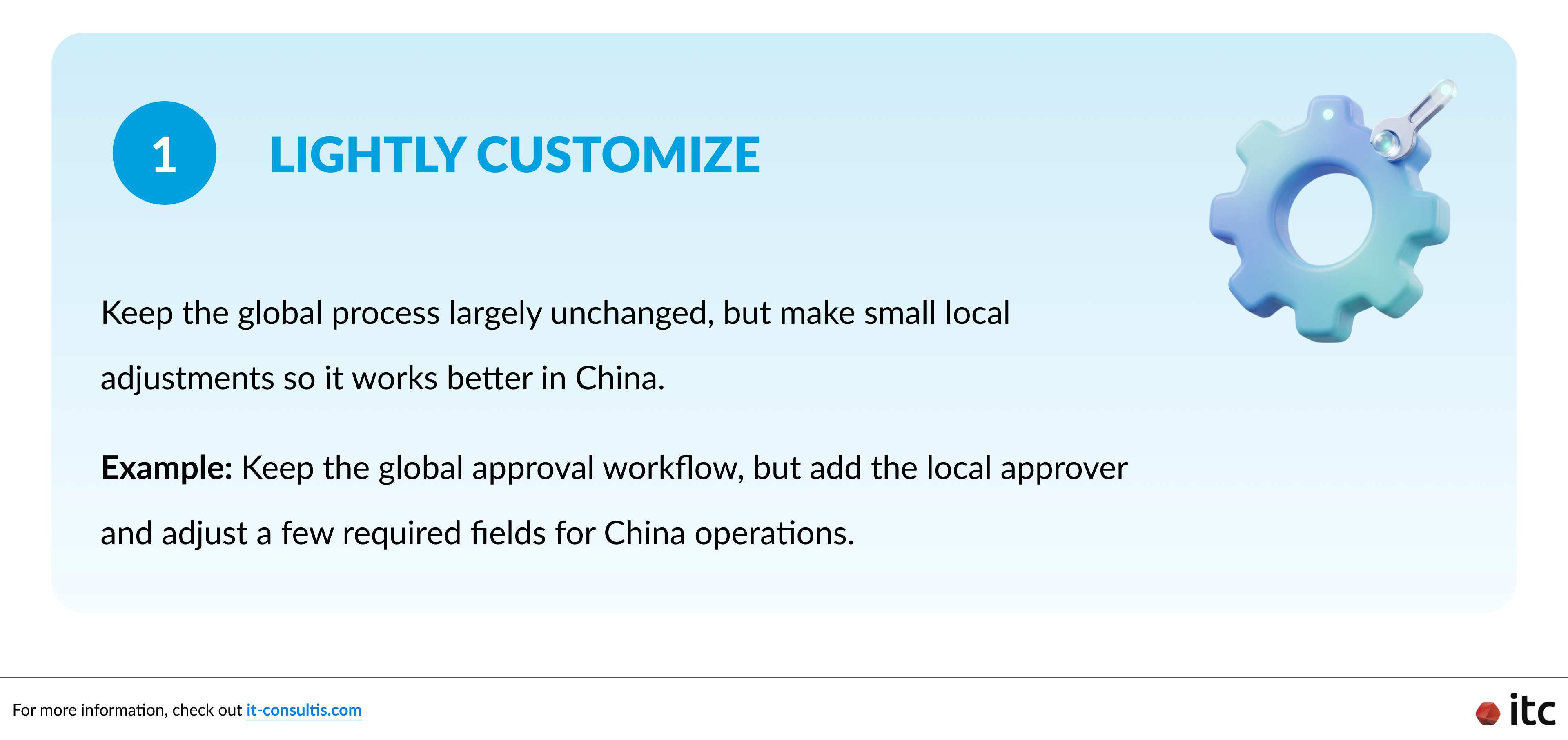 First approach in evaluating Salesforce China localization decisions: Lightly Customize — used when the global process is strong and only needs targeted localization adjustments for China