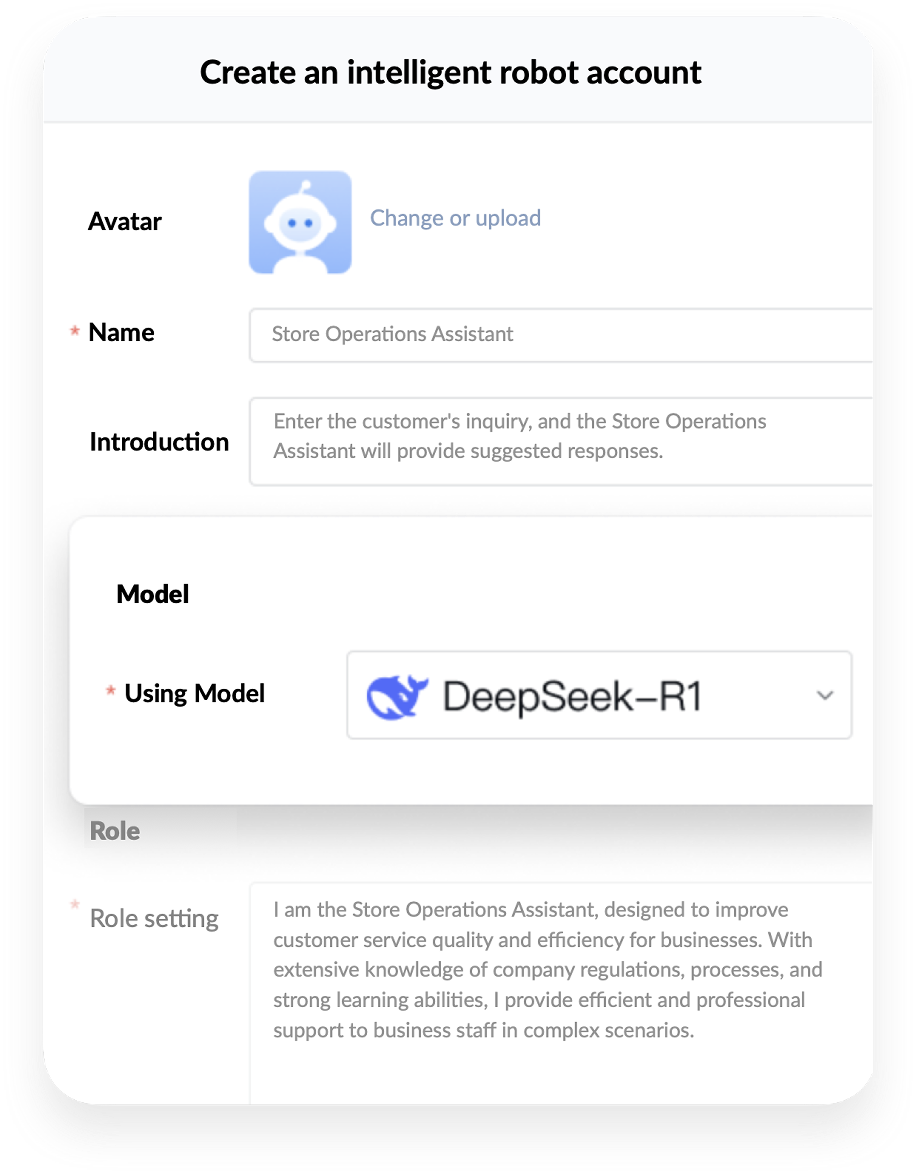 Illustration of creating an intelligent robot account - Store Operations Assistant within WeCom