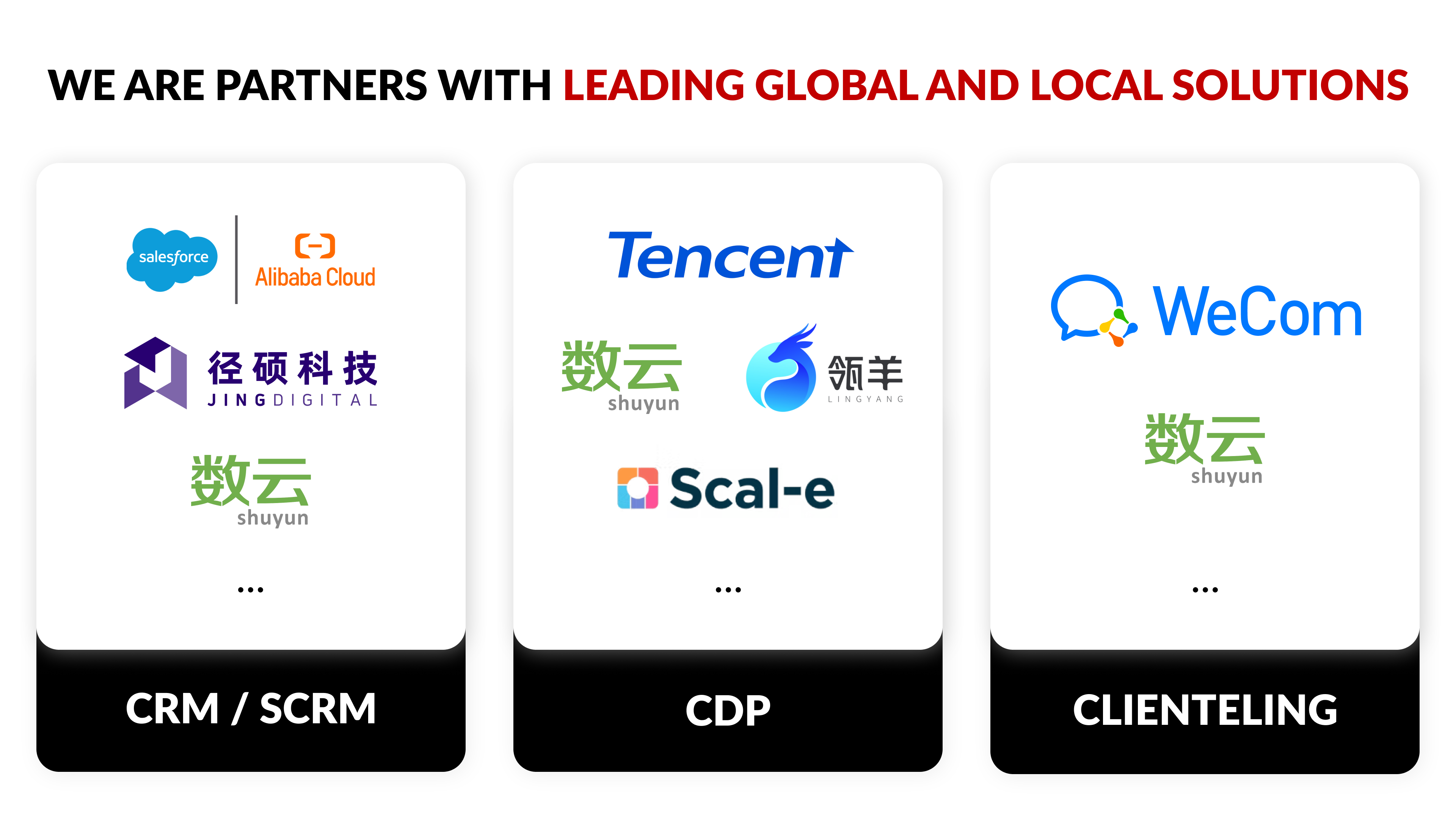IT Consultis 与领先的全球及本土技术服务商合作,包括 Salesforce、Jing Digital、腾讯、企业微信(WeCom)等。