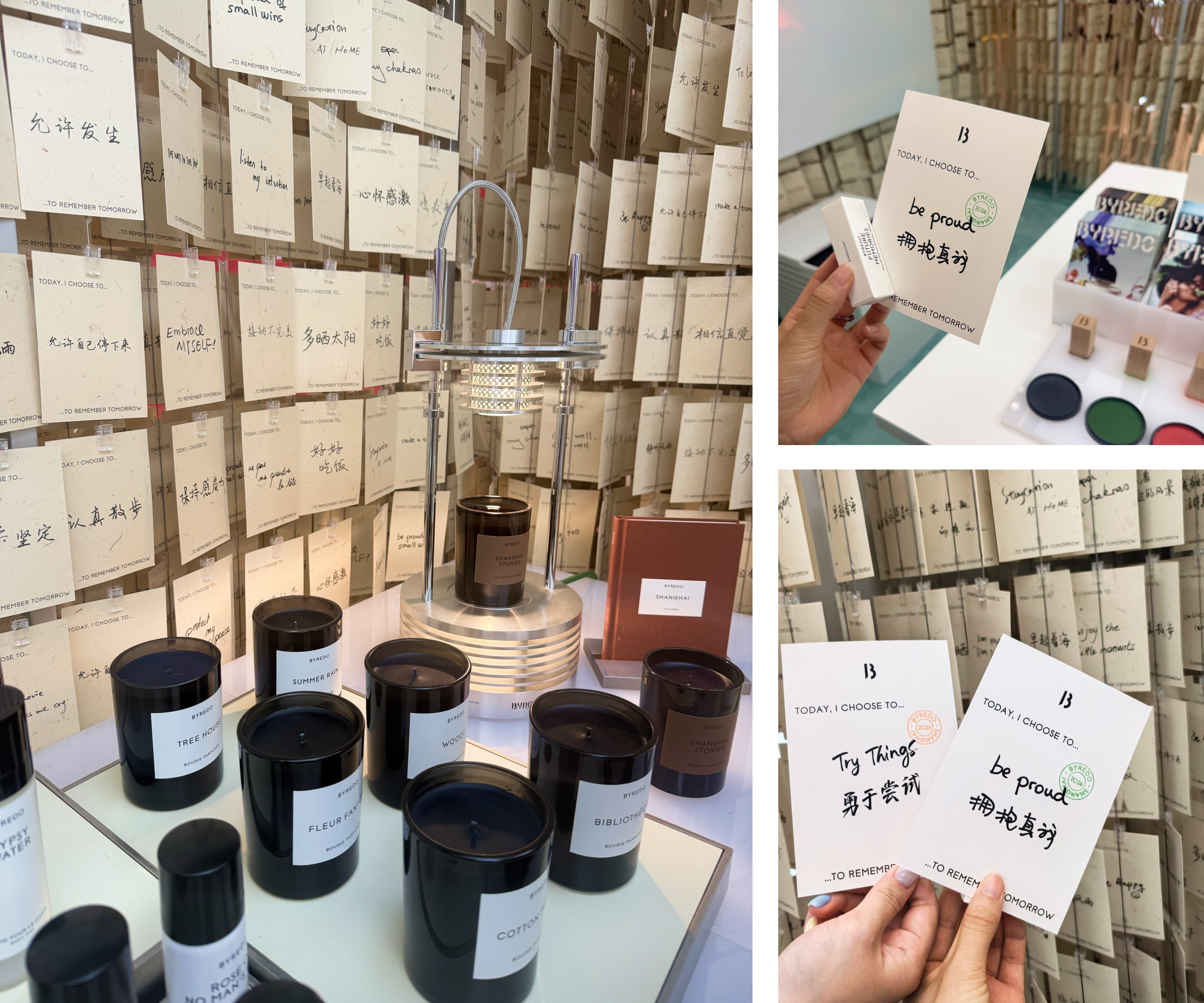 BYREDO快闪店产品展示区,展出奢华蜡烛、香氛明信片及"今天,我选择"参与卡片。