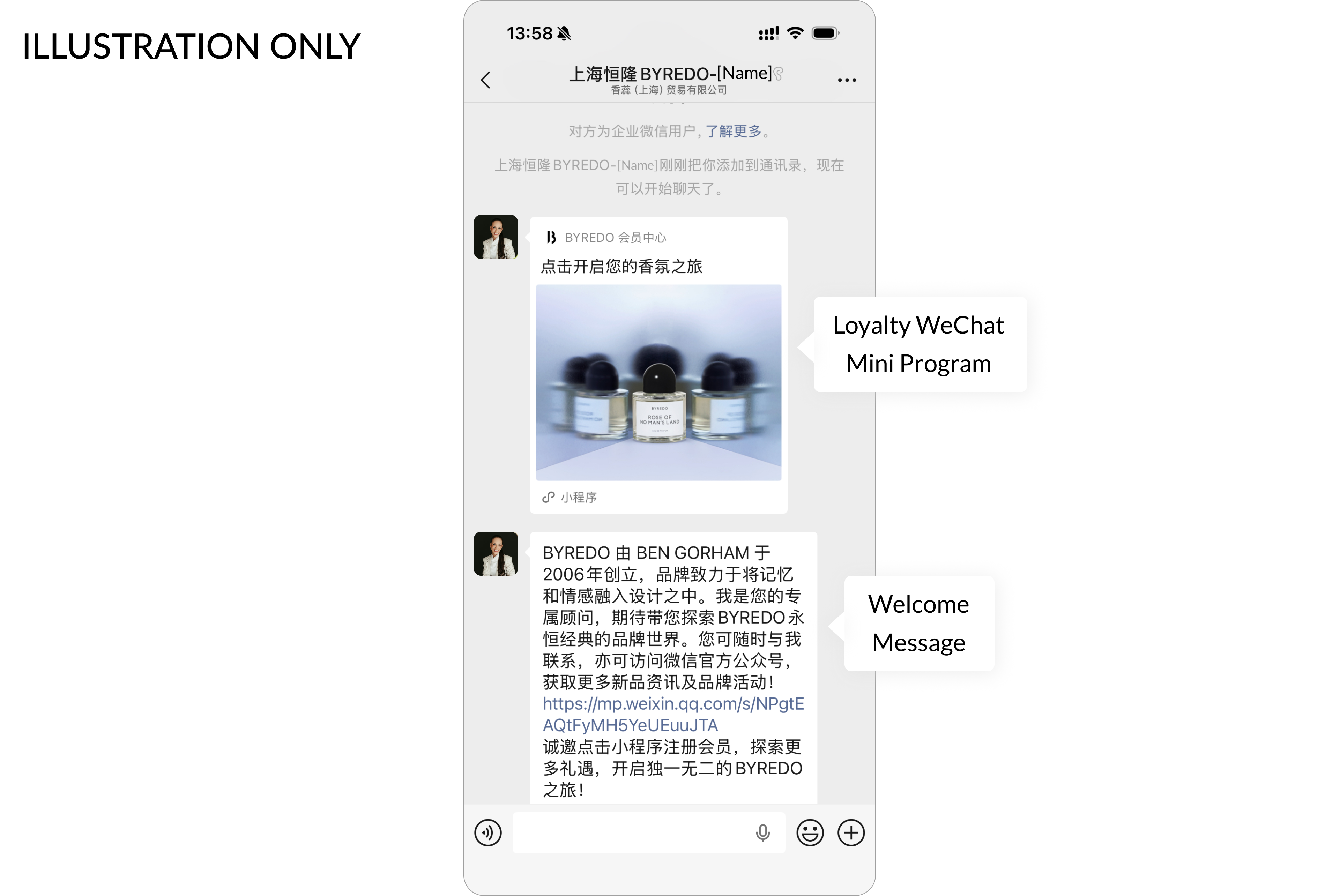BYREDO企业微信销售顾问欢迎消息,附忠诚度小程序链接,用于访后客户运营。